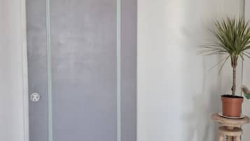 Een kamer met een grijze deur, een potplant op een houten kruk, en een betegelde vloer met rode vierkanten.
