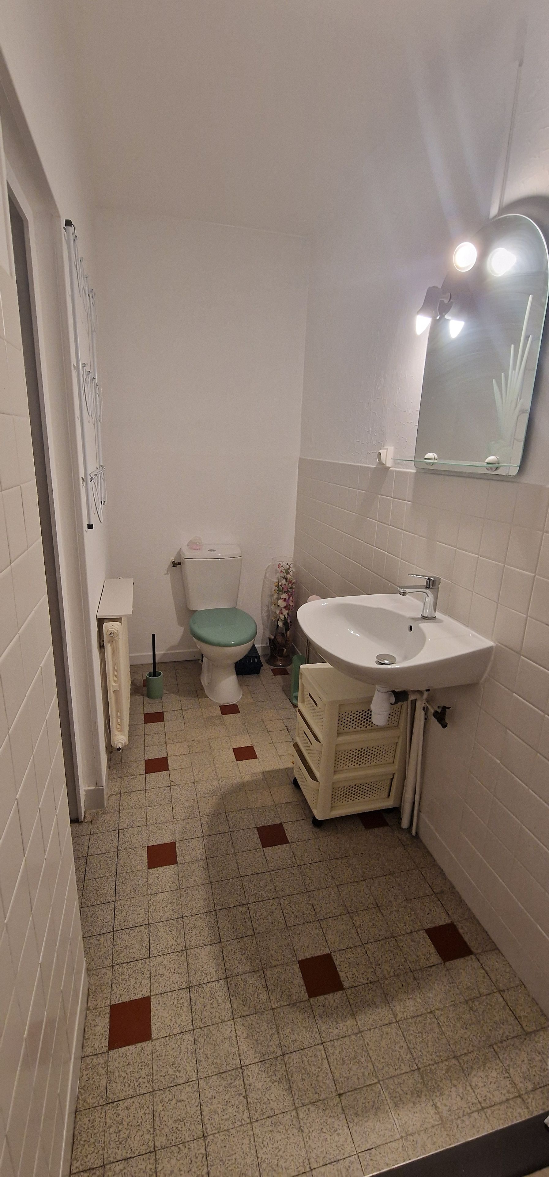 A bathroom with a toilet, sink, and mirror.