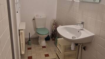 A bathroom with a toilet, sink, and mirror.