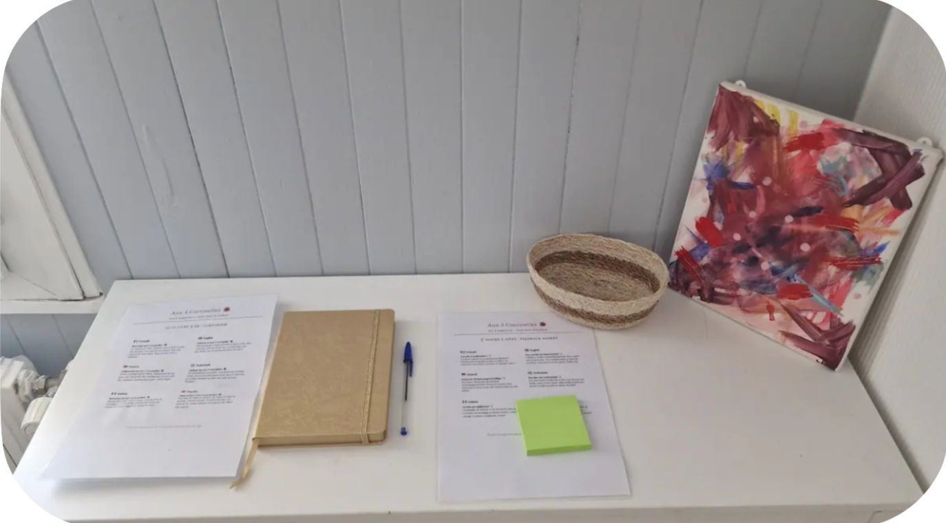 Een witte tafel met documenten, een notitieboekje, een pen, een strooimand en een kleurrijk abstract schilderij.