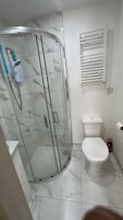 Un baño con ducha envuelta en vidrio, inodoro y perchero para toallas.