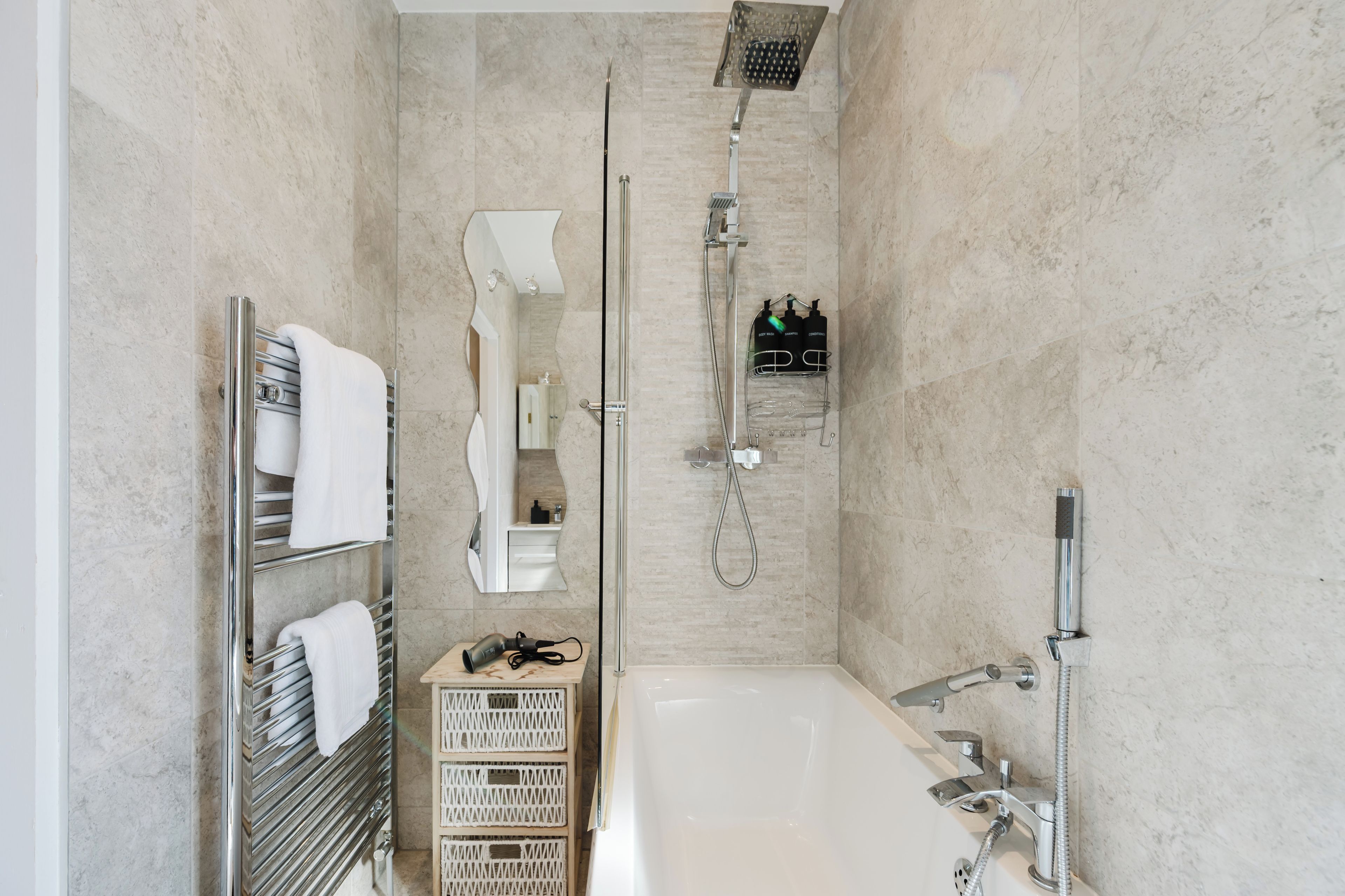 Hair dryer, towels, soap, toilet paper