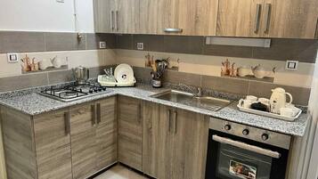 Una cocina moderna con estufa a gas, horno y encimeras de granito.