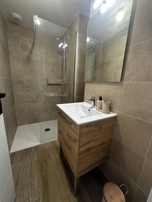 Une salle de bain moderne avec une douche, un lavabo et un miroir.