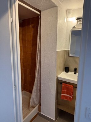 Un bagno con doccia, lavandino e specchio.