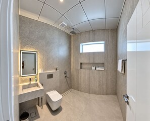 A modern bathroom with a built-in sink, a toilet, a vanity with a mirror, and a shower area. - Azure 88 - Heated Private Pool Villa near Jebel Jais (Ras Al-Khaimah)