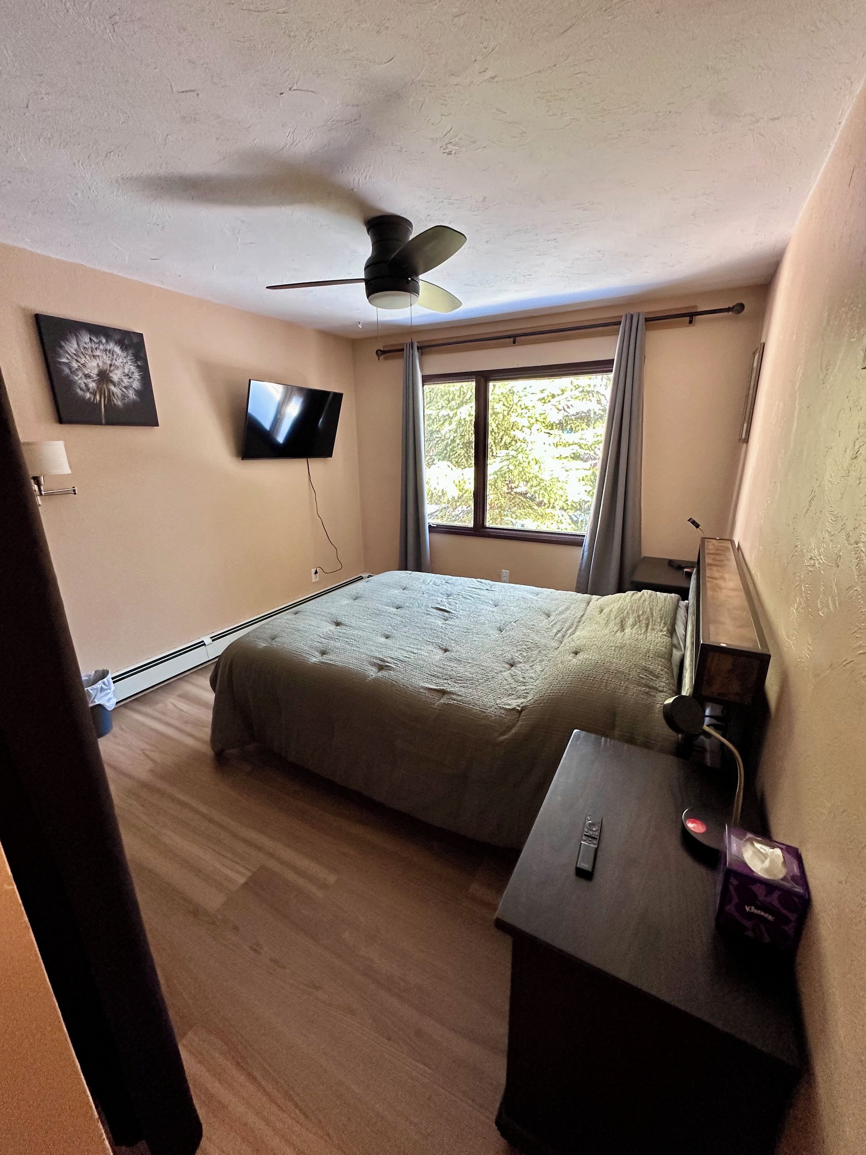 Quarto com cama, ventoinha no teto, televisão, janela com cortinas e mesa de cabeceira com luminária e lenços de papel.