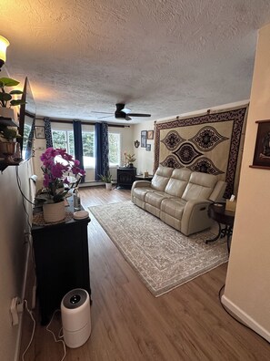 Un salon avec un canapé en cuir, un tapis à motifs, un ventilateur de plafond et un mur agrémenté d’éléments décoratifs.
