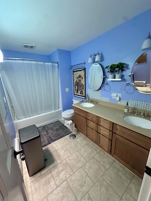 Une salle de bain comprenant une baignoire, des toilettes, un meuble-lavabo avec un évier et un miroir.
