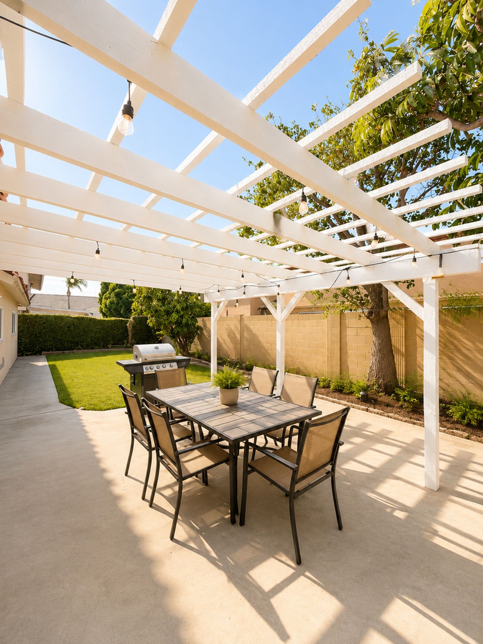 An outdoor patio with a pergola, a grill, and a table with chairs.