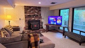 Smart TV, caminetto, lettore DVD, libri