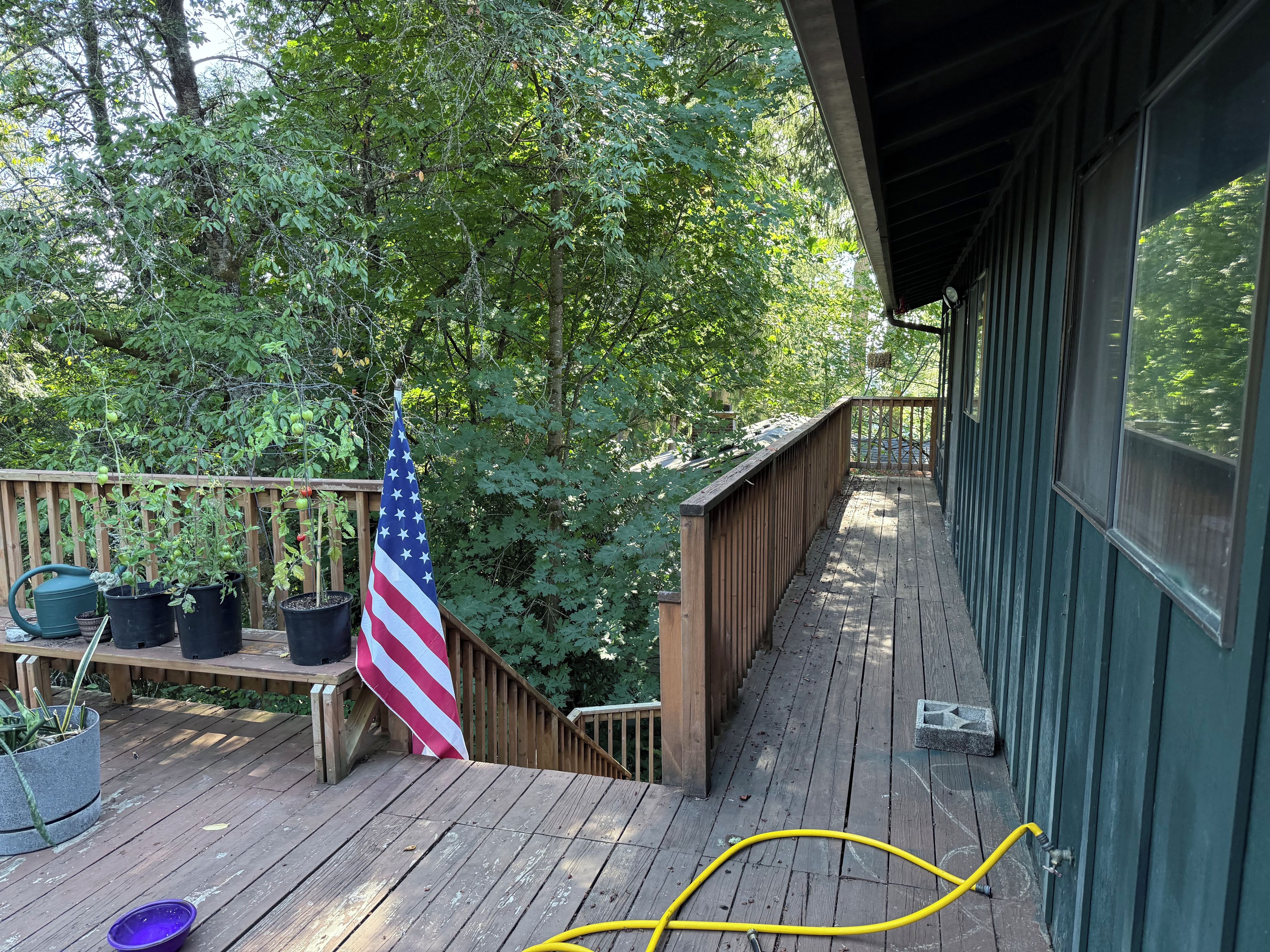 A wooden deck with potted plants, an American flag, and a yellow garden hose.
