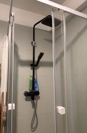 A glass-enclosed shower with a handheld showerhead and a handheld scrubber. - Spacious one-bedroom apartment near downtown (Strasbourg)