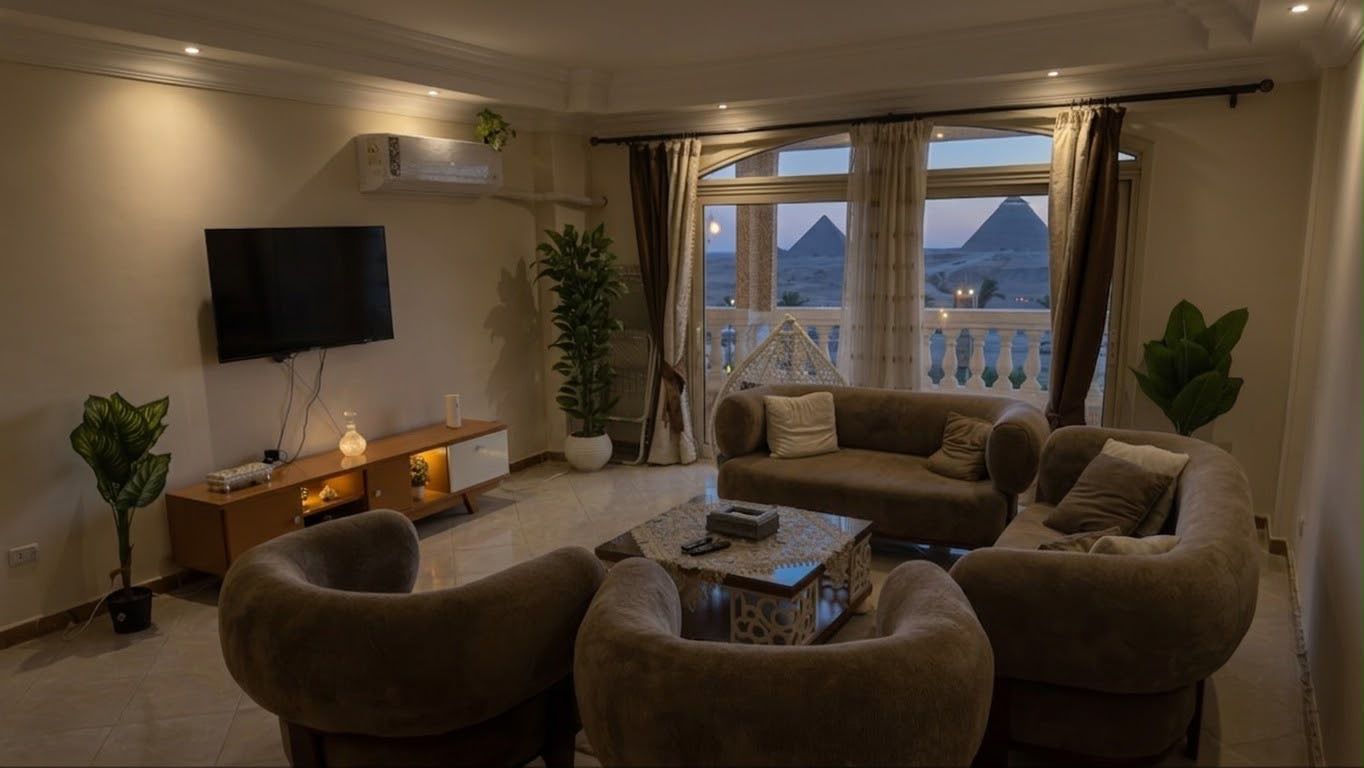 A living room with a sofa set, a coffee table, a TV, and a view of a mountain.