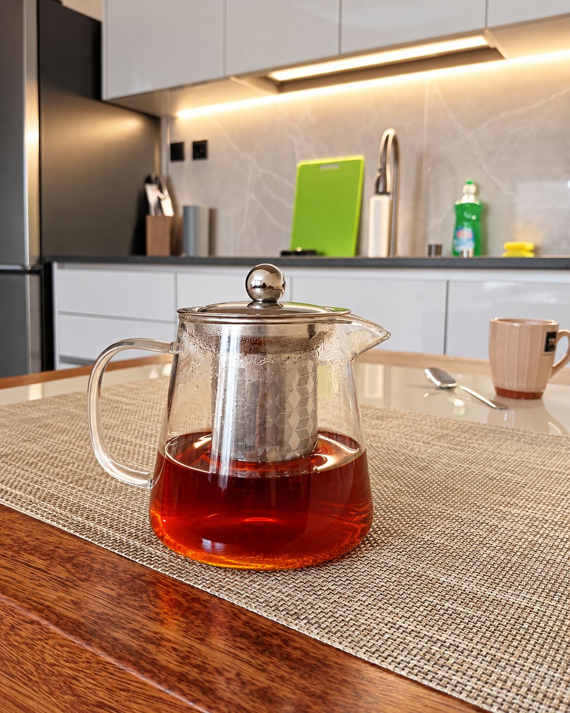 A clear glass teapot with a metal strainer on a woven placemat, placed on a wooden table in a modern kitchen with white cabinets and a green cutting board in the background.