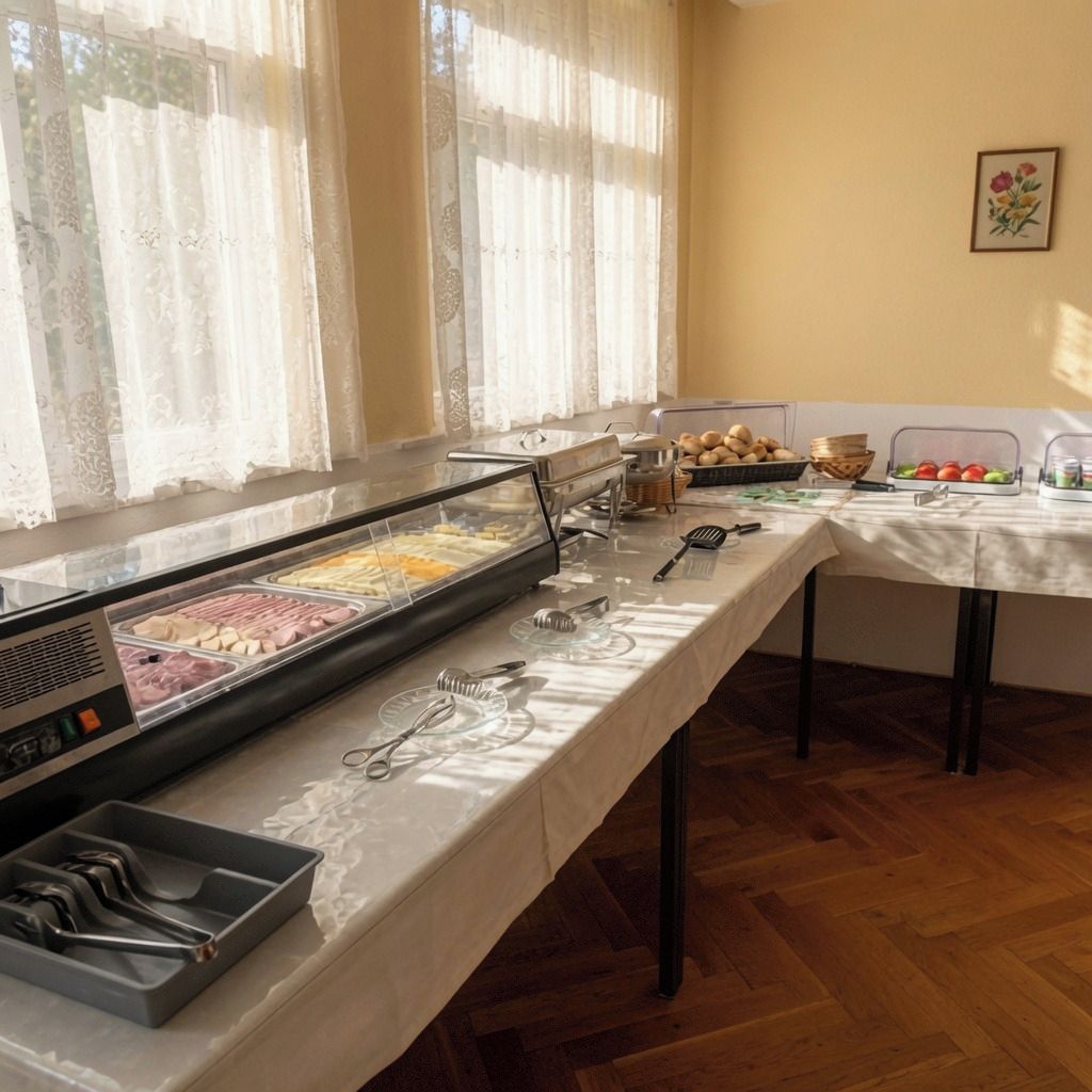 A buffet setup with various food items, utensils, and a window with sheer curtains.