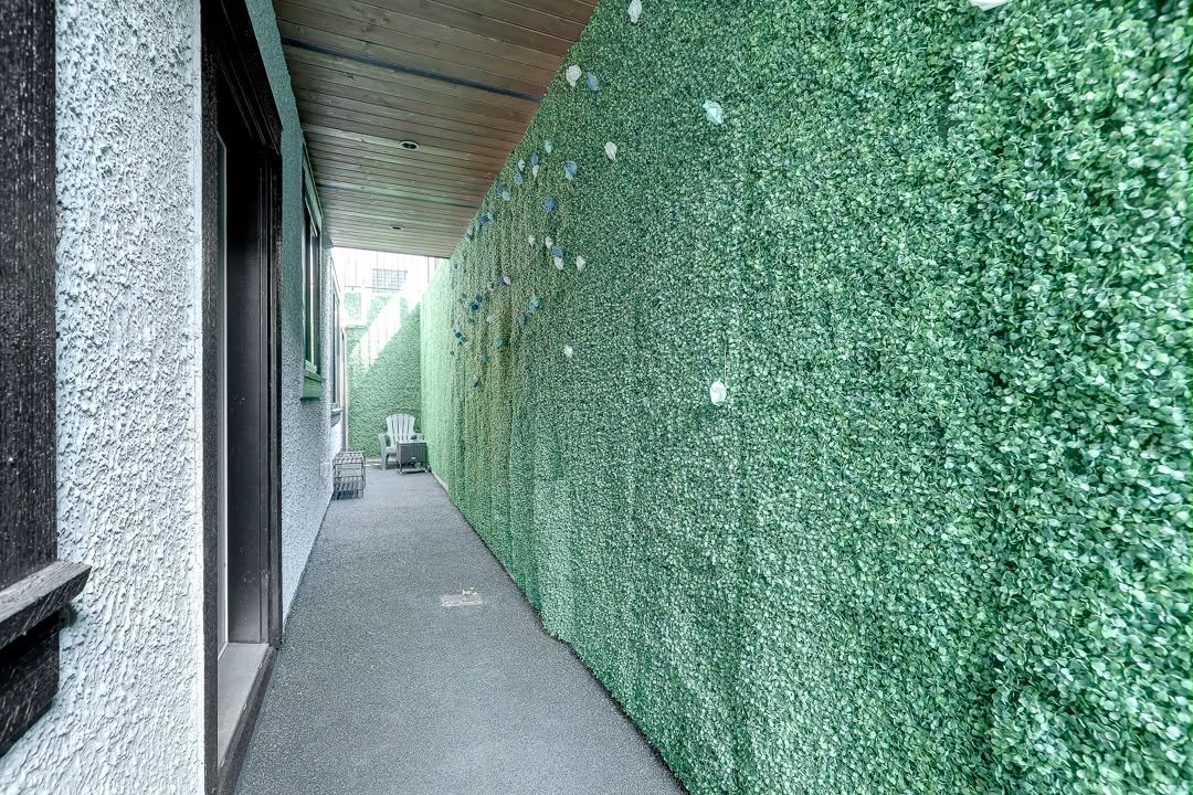 A corridor with a green hedge wall, a concrete floor, and a wooden ceiling.