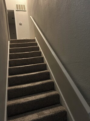 Eine Teppichverlegte Treppe mit Handlauf, die zu einer Tür am oberen Ende führt.