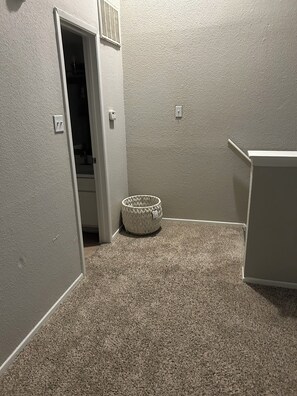 A carpeted hallway with a door leading to a closet, a woven basket, and a small white cabinet. - Cozy 1-bedroom apartment in brilliant Houston with AC (Houston)