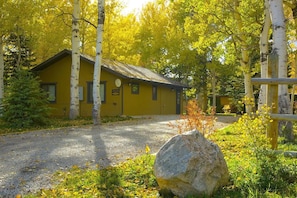 A yellow building with a gravel driveway, surrounded by birch trees and a large rock in the foreground. - The Aspen Cabin (West Yellowstone)
