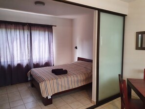 Una habitación con cama, escritorio y puerta corredera.
