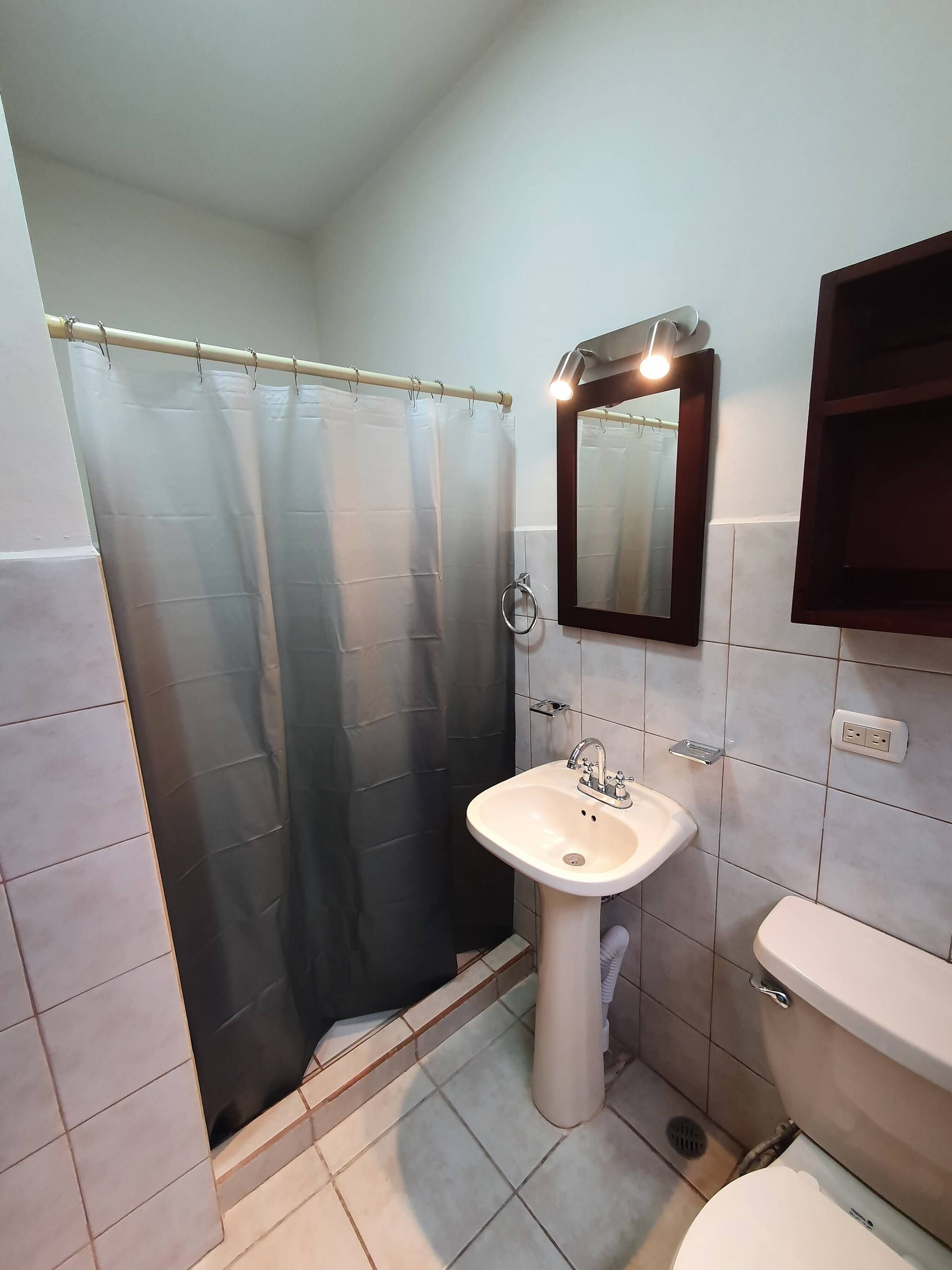 Un baño con cortina de ducha, lavamanos, espejo e inodoro.