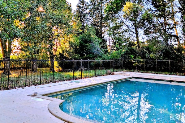 A swimming pool with a curved edge, surrounded by a fence and trees.