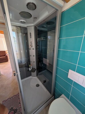 Een douchecabine met glazen wanden, een bedieningspaneel, een wit toilet en teal-gekleurde betegelde wanden.