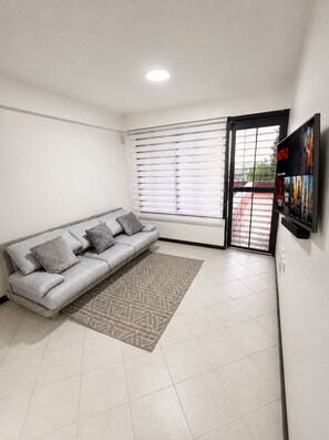 A living room with a grey sofa, patterned rug, and a wall-mounted TV displaying Netflix content. - Acogedor&Bello Apto en el Este + Planta Eléctrica (Barquisimeto)