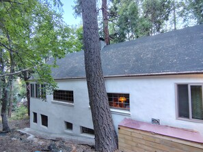 Ein Haus mit weißer Fassade, dunklem Dach und einem großen Baum davor.
