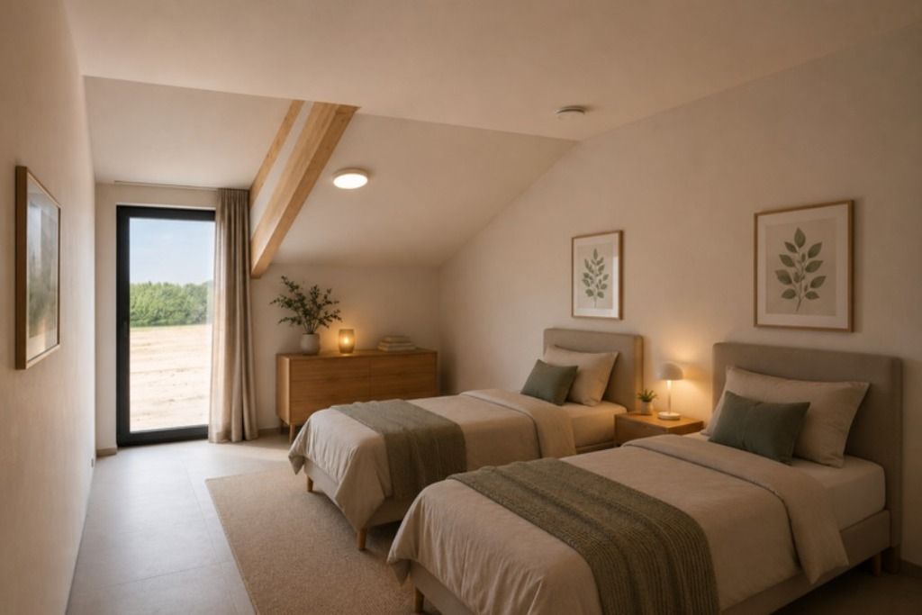 Une chambre avec deux lits, une table de chevet, une commode et une fenêtre avec des rideaux.