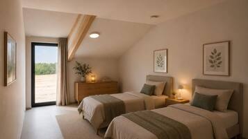 Une chambre avec deux lits, une table de chevet, une commode et une fenêtre avec des rideaux.