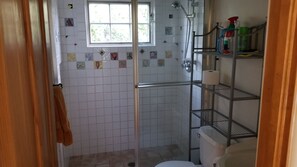 A bathroom with a shower, a toilet, a shelf with toiletries, and a window with a view of greenery. - Cozy 2-bedroom house for adventuring throughout the Roaring Fork Valley (Snowmass)