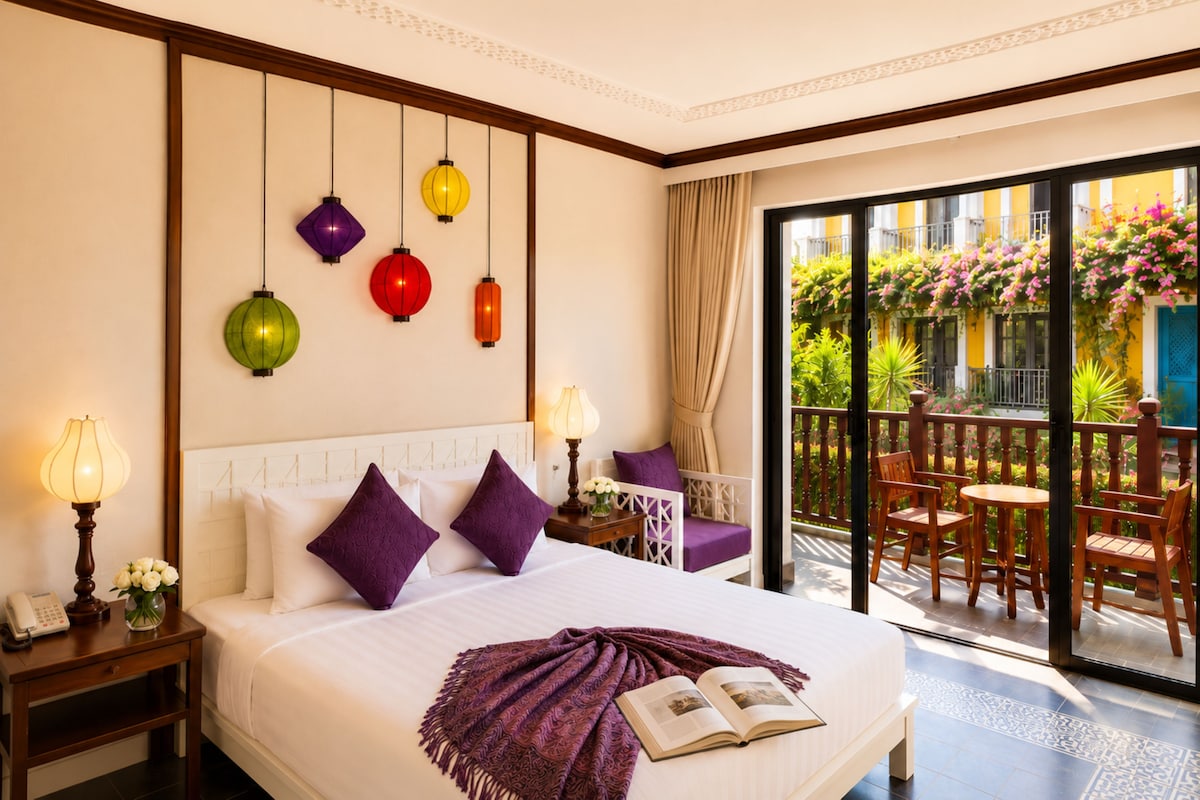 Habitació d'hotel amb un llit, abacines, una taula de nit, una finestra que dona a un balcó i llums decoratives penjades.