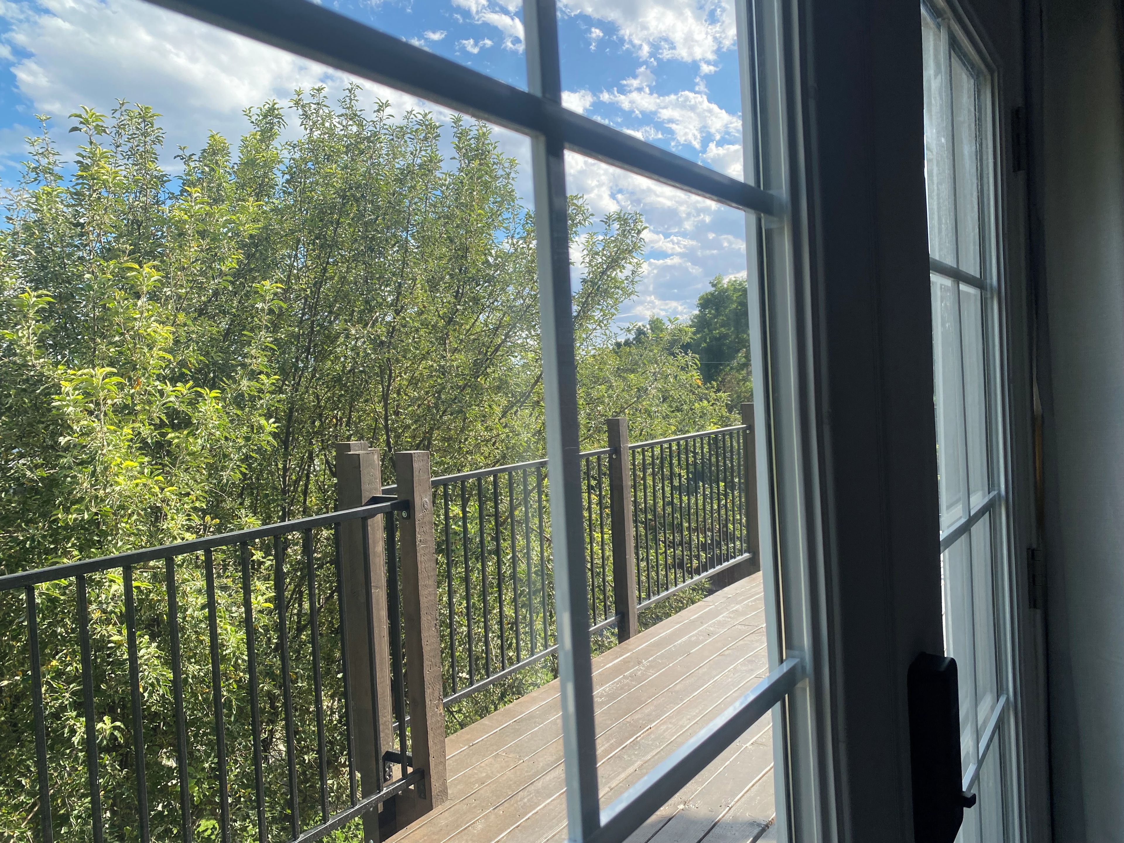 A balcony with a metal railing and wooden posts, overlooking a dense green forest.