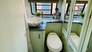 Een kleine badkamer met toilet, wastafel en spiegel.