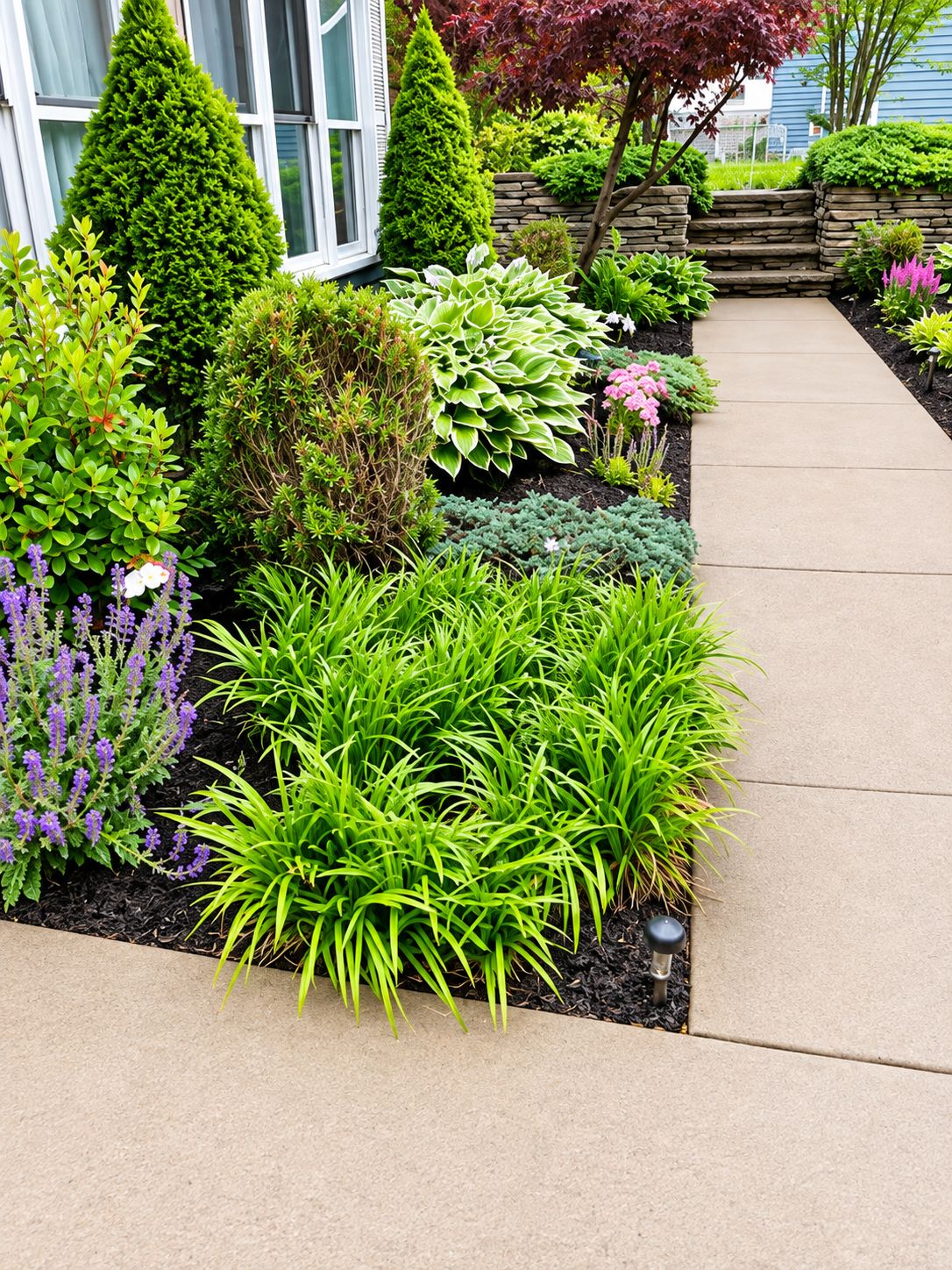 Ein angelegter Garten mit verschiedenen Pflanzen und einem Betonweg.
