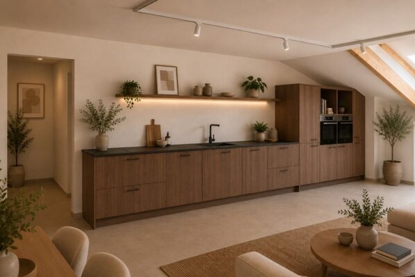 A modern kitchen with wooden cabinets, a built-in oven, and a countertop with plants. - Den Kerselaer Group Holiday Home - Langemark       -   1st- FLOOR (Langemark-Poelkapelle)