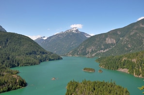 Un paisaje montañoso con un lago rodeado de densos bosques y un pico de montaña destacado.