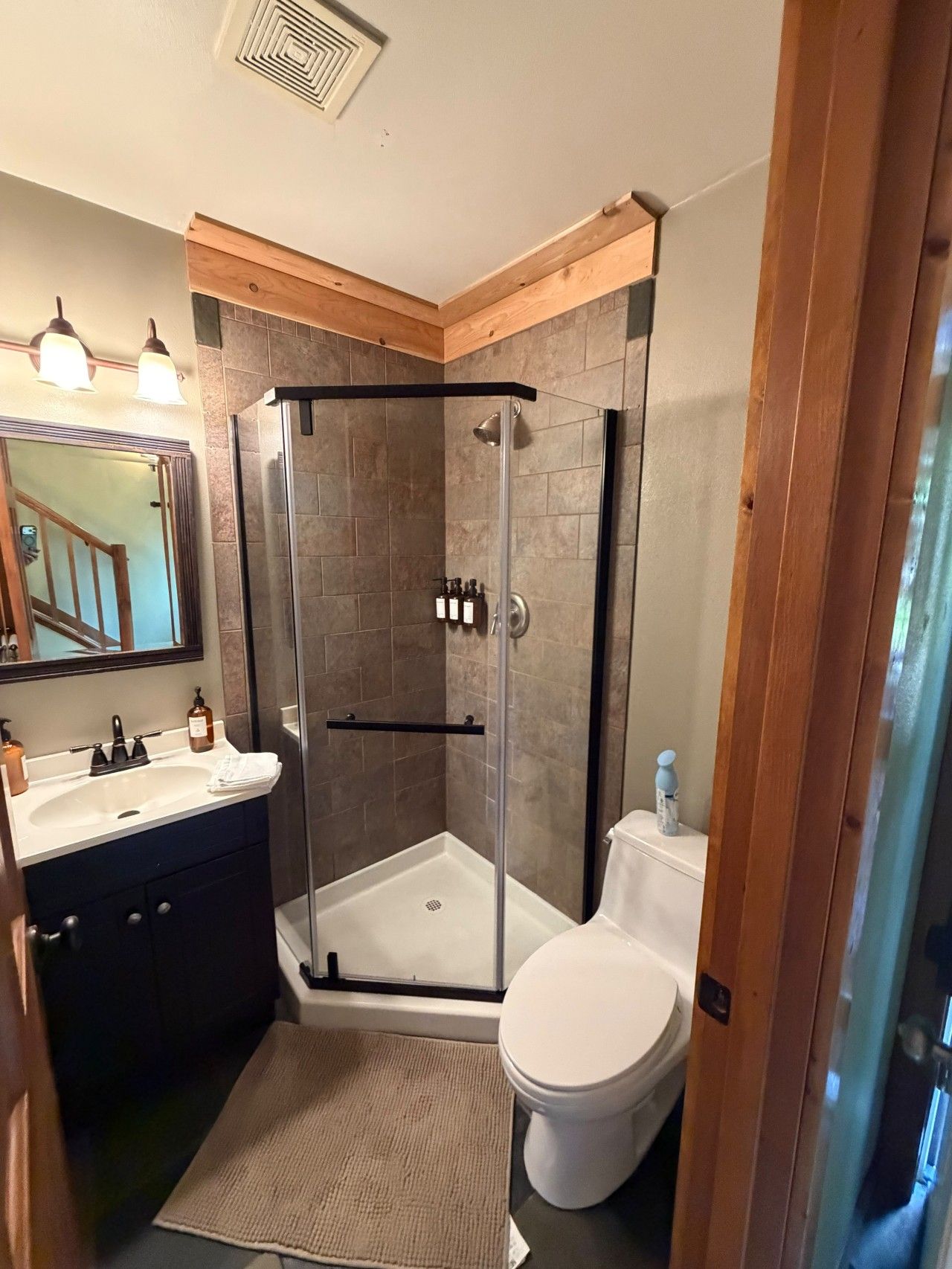 A modern bathroom with a glass-enclosed shower, a white toilet, and a dark-colored vanity with a mirror and lighting fixtures.