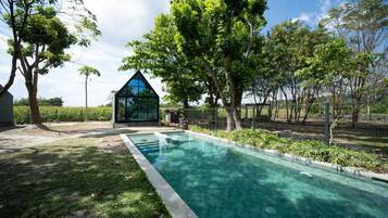 Una piscina con una estructura de vidrio al fondo, rodeada de árboles y una zona delimitada por una valla.