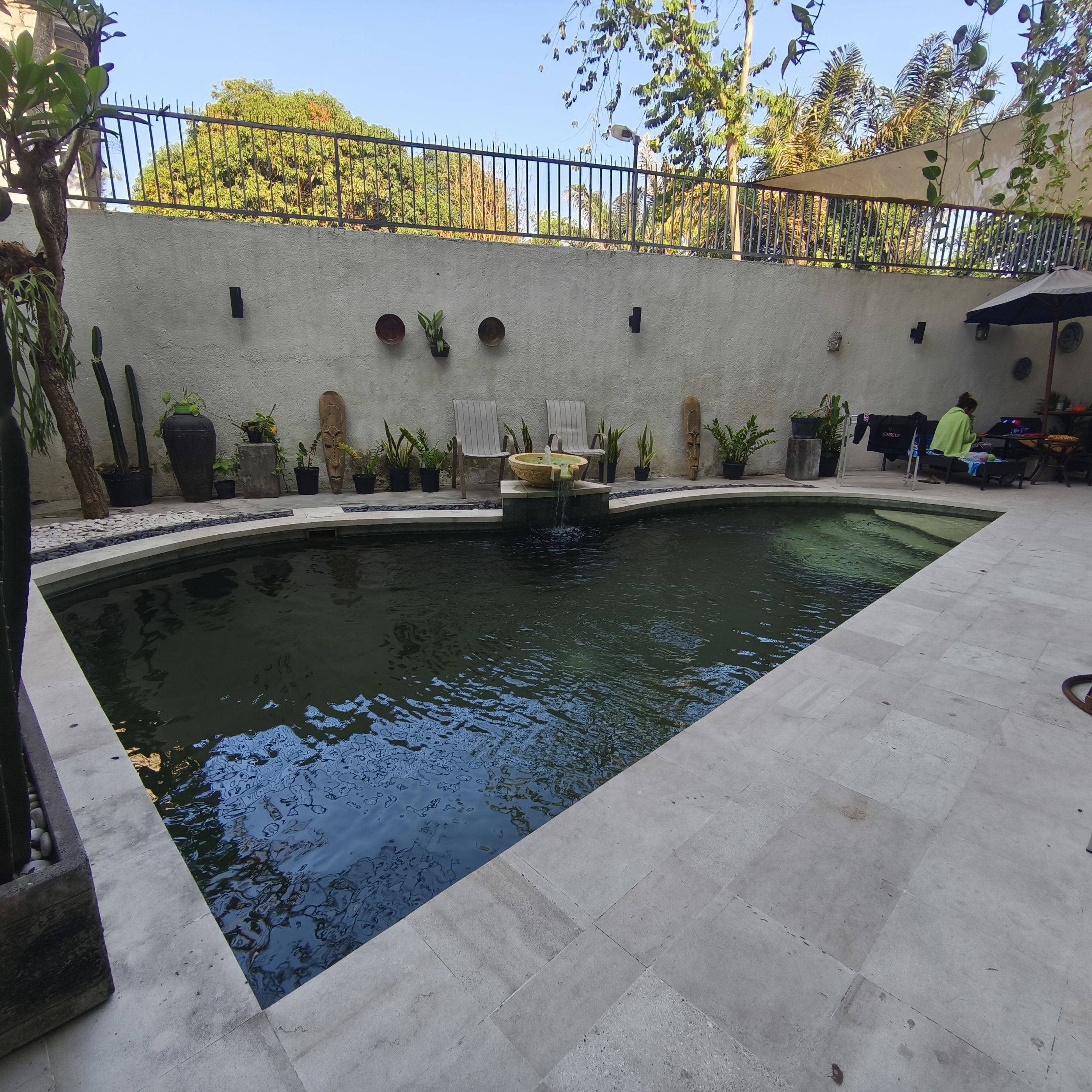 Una piscina exterior con una fuente, rodeada de plantas en macetas y una zona de estar.