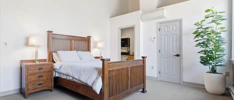 A bedroom with a wooden bed, bedside tables, a nightstand, a potted plant, and a door.