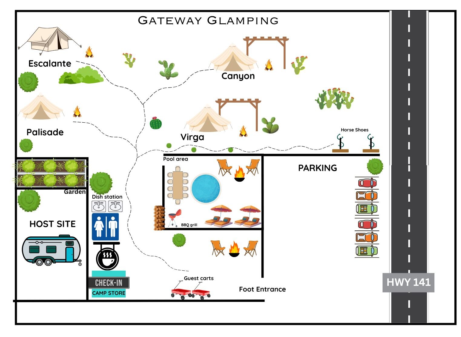 Distribución de un camping con tiendas de campaña, una zona de piscina y aparcamiento.