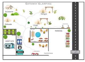 A campsite layout with tents, a pool area, and parking. - Palisade Tent at Gateway Glamping (Gateway)