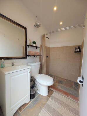 Une salle de bain équipée d’un WC, d’un lavabo, d’un miroir, d’une douche et d’un porte-serviettes.