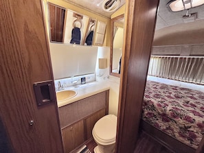 Een kleine badkamer met toilet, wastafel en spiegel.