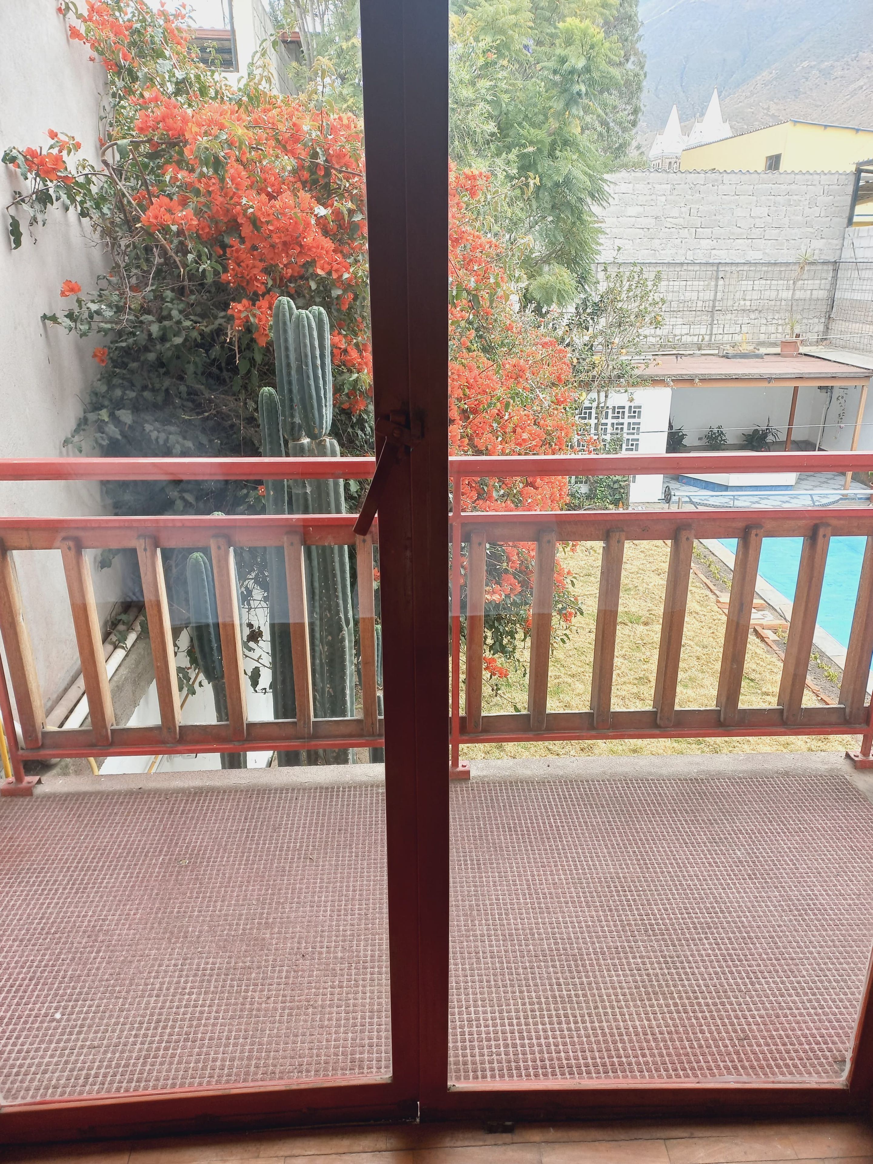 Un balcón con barandilla metálica, vista a una piscina y una planta de cactus.