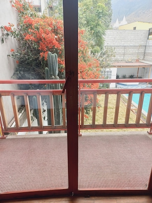 Un balcón con barandilla metálica, vista a una piscina y una planta de cactus.