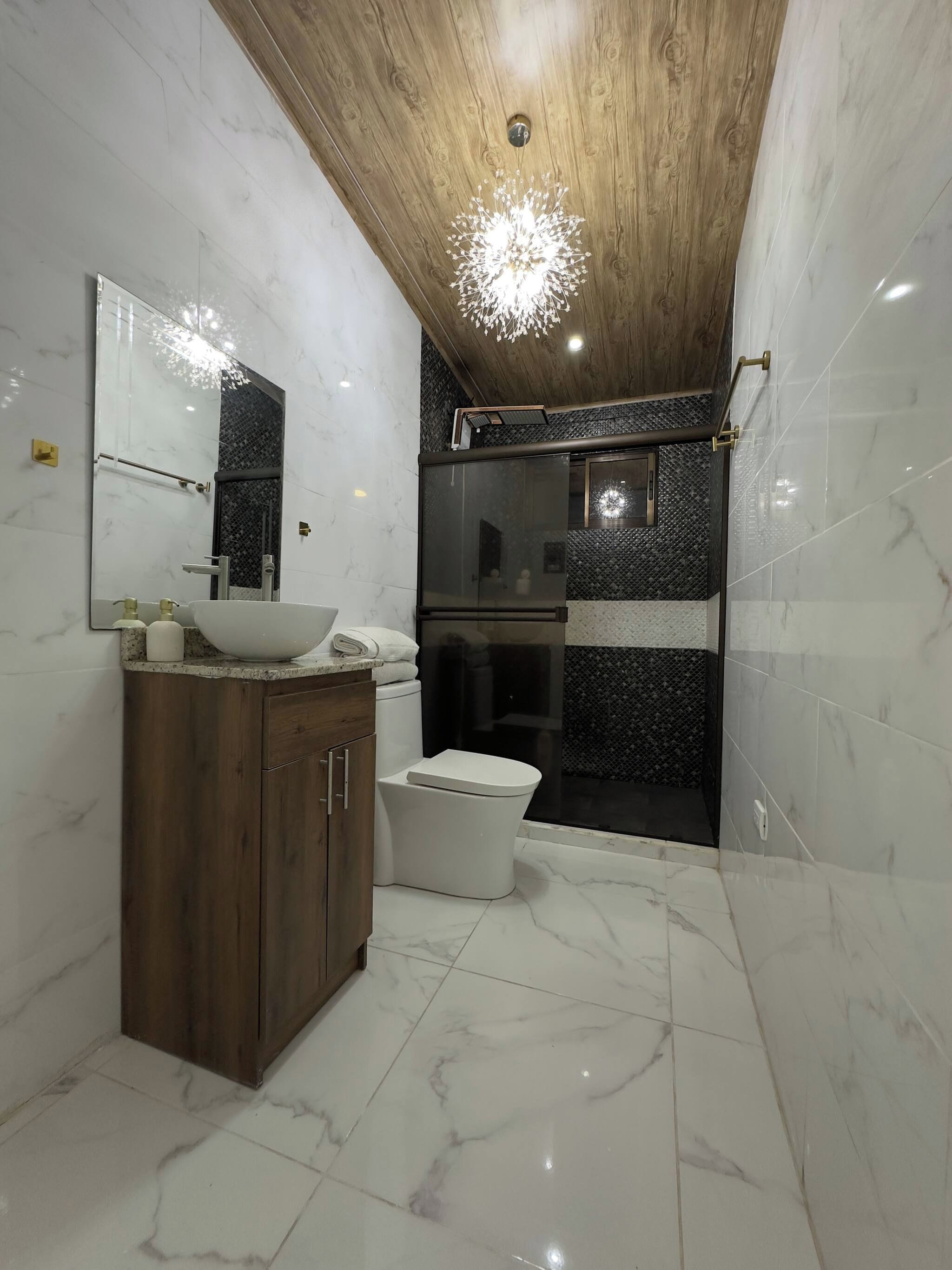 A modern bathroom with a wooden ceiling, a freestanding sink, a toilet, and a shower enclosure.